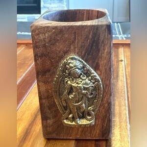 Vintage Hand-carved Wood Ganesha Pencil Holder Brass Hindu Decor